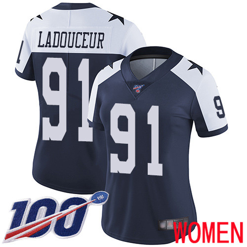 Women Dallas Cowboys Limited Navy Blue L. P. Ladouceur Alternate #91 100th Season Vapor Untouchable Throwback NFL Jersey->women nfl jersey->Women Jersey